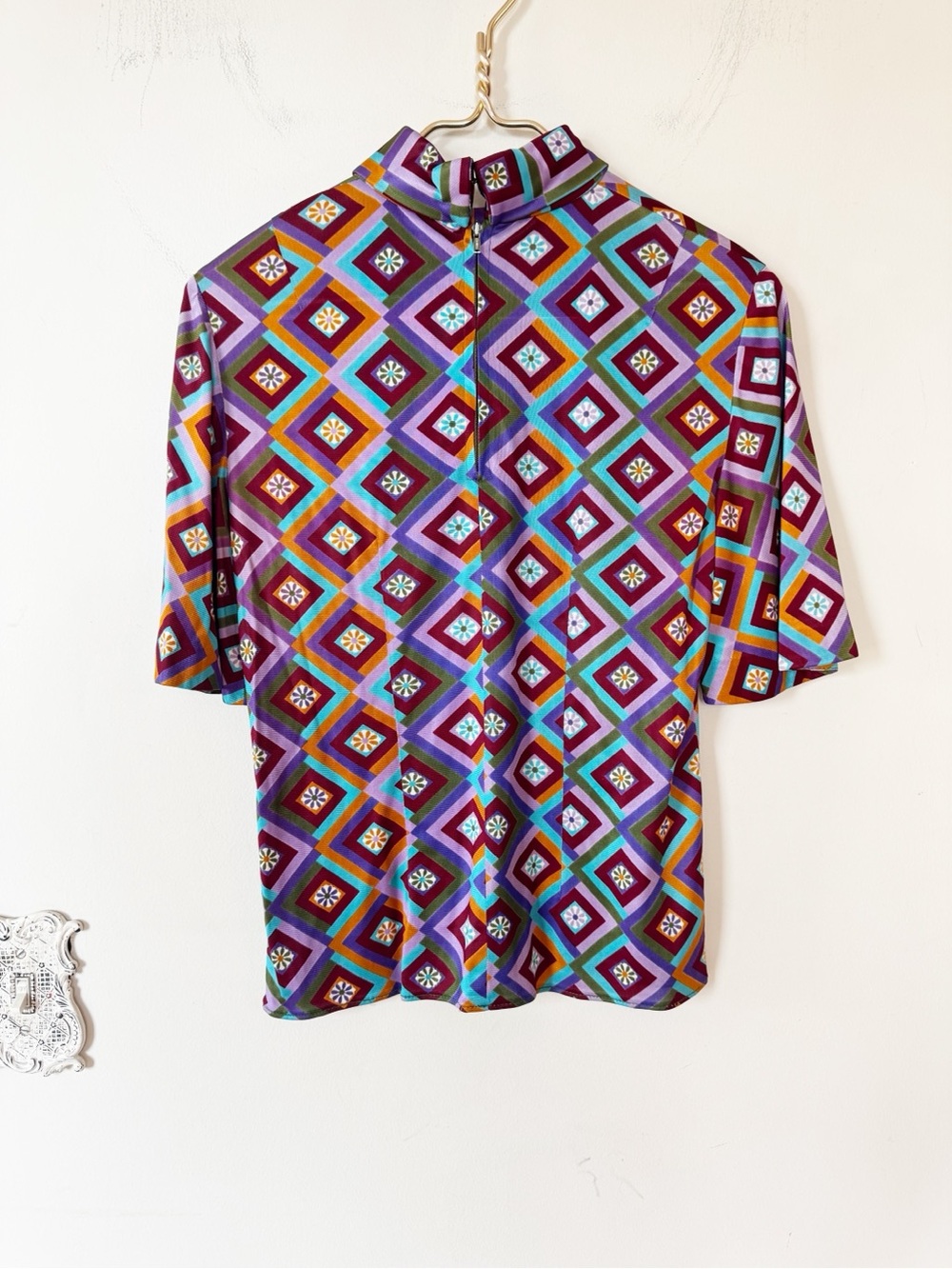 Handmade Vintage 70s Retro Geo Daisy Mock neck Top M - Picture 5 of 7